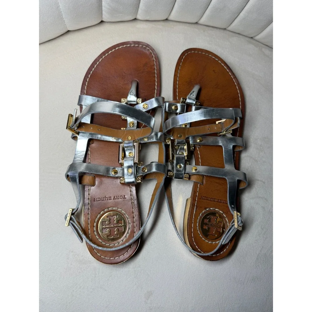 Tory Burch Metallic Silver Leather Gladiator Sandals Gold Hardware Womens Size 8